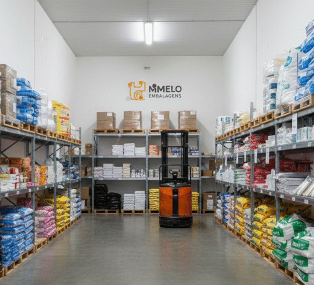 Distribuidora de embalagens plásticas atacado estoque MMelo com bobinas e sacos de lixo.